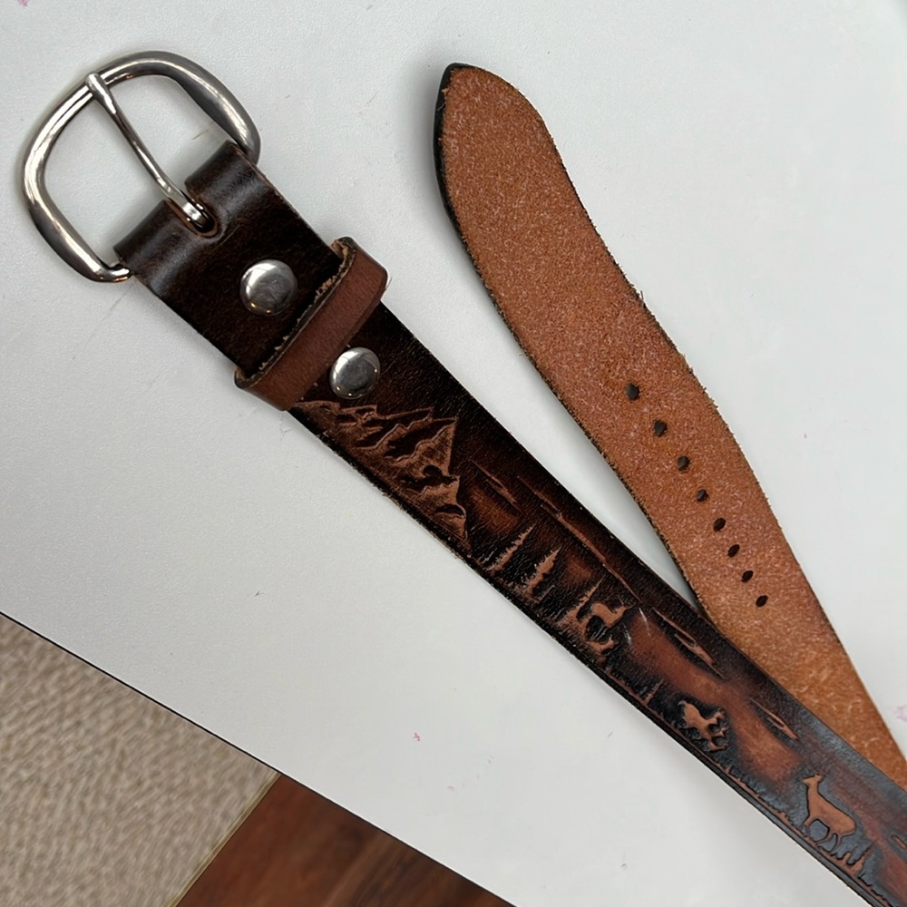 Leather Belt- Vintage Hand-Carved with Nature Scene Mountains/Wildlife/Etc.